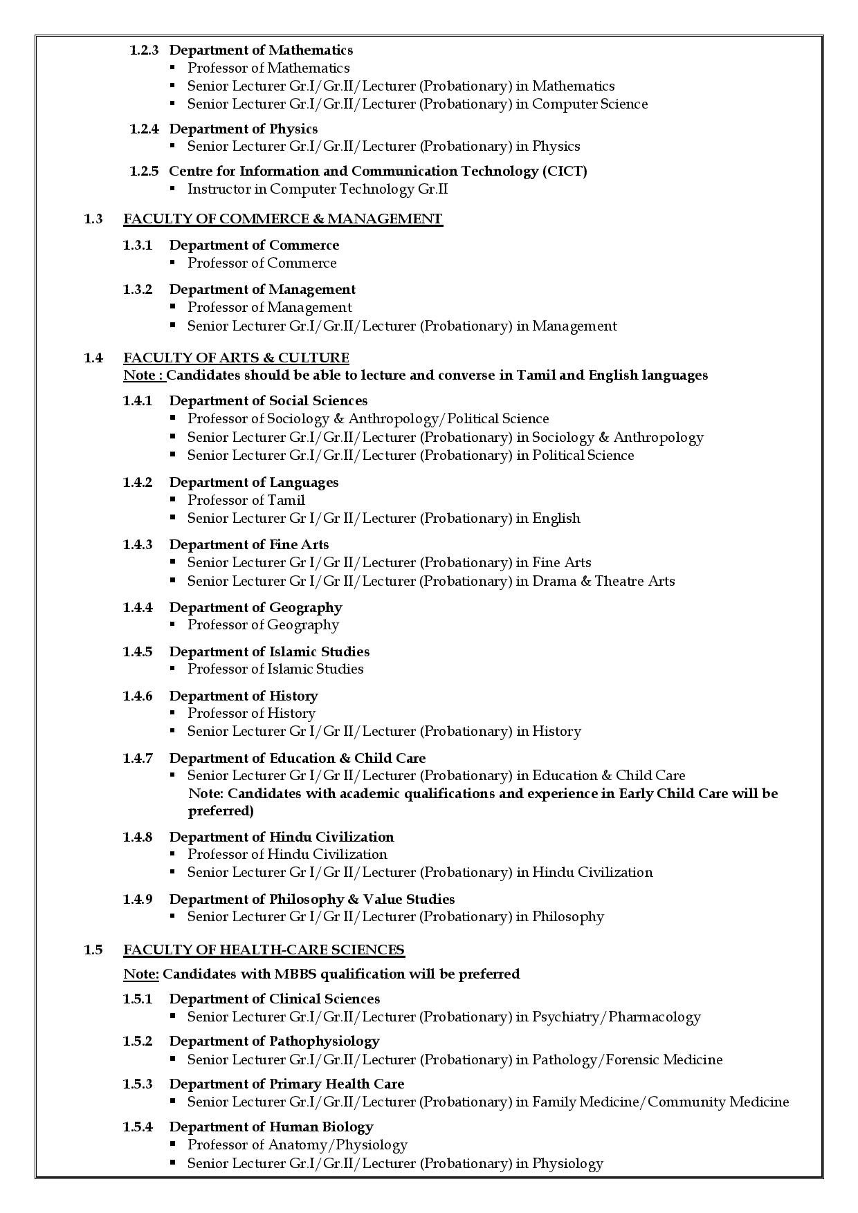 Professor, Senior Lecturer, Instructor, Curator (Landscape), Director, Project Manager, Career Guidance Counsellor, Assistant Registrar, Chief Security Officer, Programmer Cum System Analyst, Assistant Librarian - Eastern University